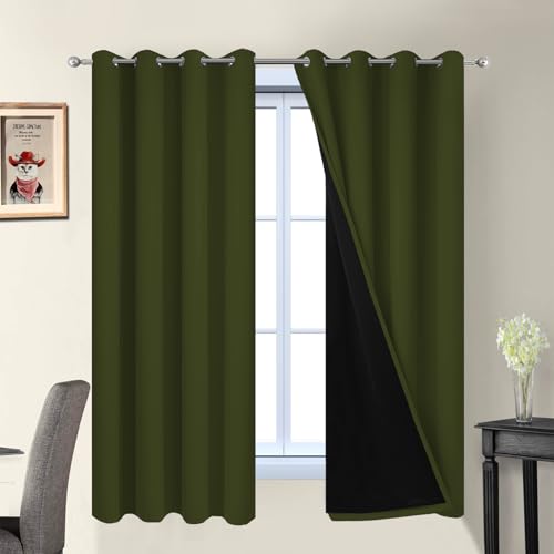 Image of Yakamok Olive Green 100% Blackout Curtains 63 Inches Long 52 inch Wide 2 Panels | Blackout Curtain Panels for Bedroom, 2 Thick Layers Grommet Top Thermal Insulated Drapes with Black Liner for Living Room