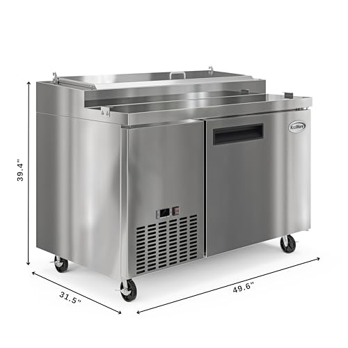 Image of KoolMore 50 Inch Commercial Pizza Prep Table with Built-in Refrigerator, Cutting Board, Food Protection Lid, Cold Storage, Rolling Casters in Stainless Steel,ETL Listed (KM-RPPS-1DSS)