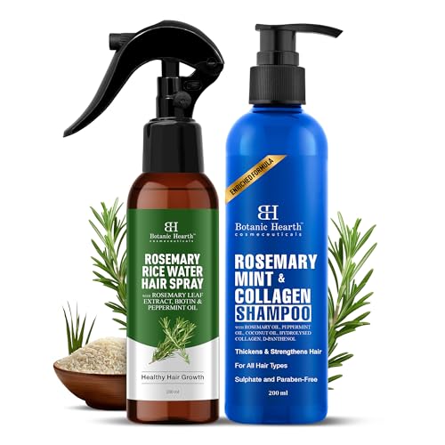 Image of Botanic Hearth Rosemary Hair Care Duo - Rosemary Mint Shampoo & Rice Water Hair Spray | Hair Growth, Hair Fall Control, Dandruff Relief, Breakage Repair & Frizz Control | Sulfate & Paraben-Free