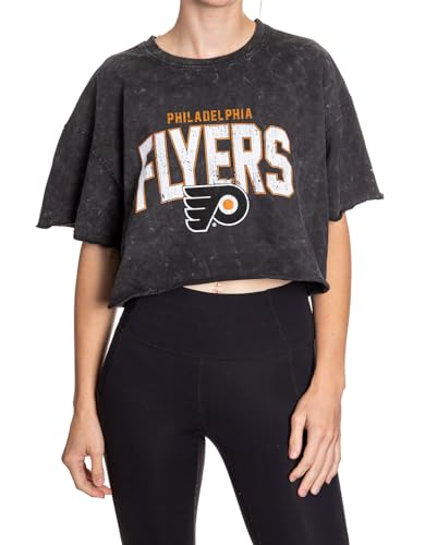 Calhoun NHL Surf & Skate Womens Oversize Drop Shoulder Acid Wash Cropped T-Shirt (Small/Medium, Philadelphia Flyers)