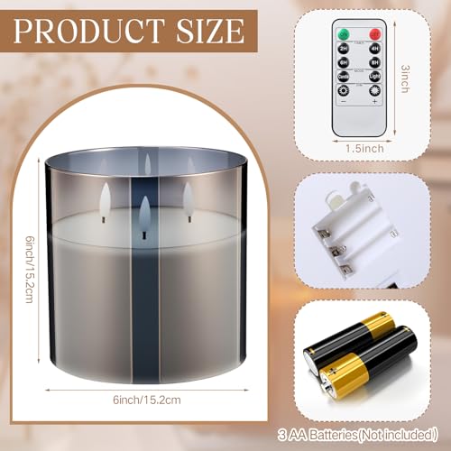 Image of Retisee 6'' x 6'' Extra Large Flameless Candles, 3 Wick Glass Large Fall Candles with Remote Control and Timer Function, Real Wax LED Pillar Flickering for Autumn Party Decor(Classic,Gray,1 Pcs)