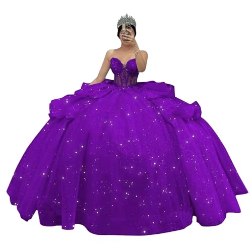 Dydsz Strapless Sparkly Quinceanera Dresses Tiered Puffy Tulle Ball Gown Sweet 16 Dresses Long Prom Dress with Train