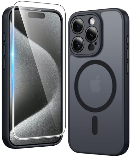 Image of FNTCASE for iPhone 15 Pro Case: Matte Magnetic Phone Cases with Screen Protector Compatible with Magsafe Slim Anti Yellowing Rugged Shockproof Protective Translucent Cell Phone Cover (C-Black)