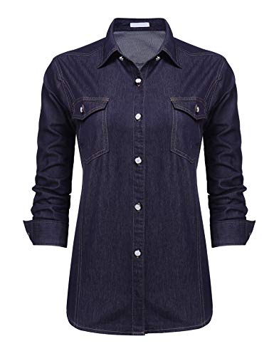 Chainscroll Cotton Blouse Women's Classic Long Sleeve Button Down Denim Chambray Jean Shirt (Dark Blue, X-Large)