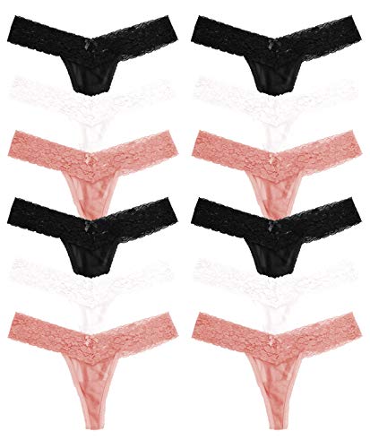 Sexy Basics Women's 12 Pack Lace Thong Panty & Brazilian Bikini Underwear (12 Pack- Black / Nude / White, Small (5))
