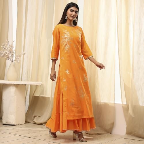 Image of BIBA Women Orange Poly Chanderi Dress