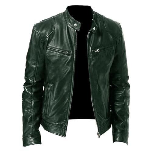 Chaqueta de piel sintética para hombre, chaqueta de corredor para hombre, chaqueta de cuero con cuello alto, chaqueta de motociclista ligera para exteriores, verde oscuro, L