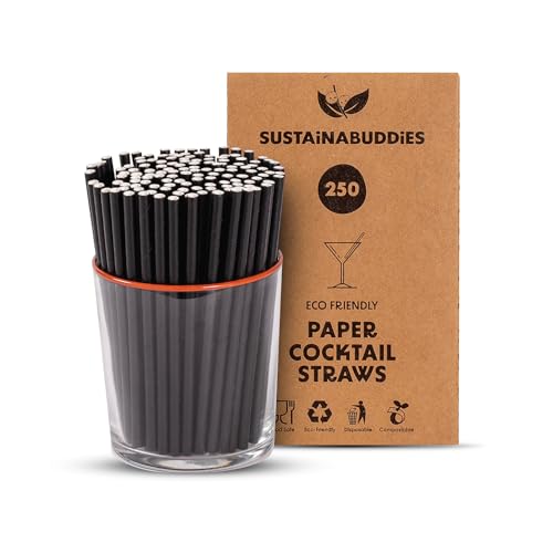 SustainaBuddies 250 Cocktail Disposable Paper Drinking Straws | FSC-Certified, Biodegradable and Compostable | Strong and Durable