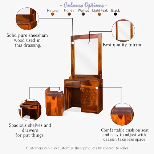 Image of Sheesham Wood Full-Length Dressing Mirror with 2 Drawers & Stool | Honey Finish | Wall-Mount & Free-Standing Decorative Mirror for Bedroom, Hallway & Entryway | Solid Wood Dressing Unit