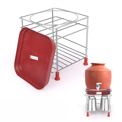 Image of Heavy Steel Matka Stand for 20 Litre Water Can with Tray | Round Anti-Rust Water Jar & Dispenser Stand for Kitchen | Strong Water Bottle Holder (20x20x20 cm)