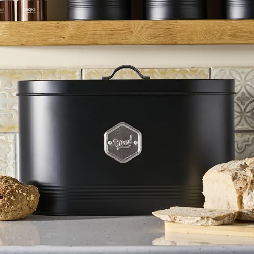 Cooks Professional Bread Bin | Modern Stylish Kitchen Countertop Labelled Metal Storage Canister | Breathable Container Box for Loaves, Pastries, Rolls | Black & Silver - Cosy Home Interiors Cooks Professional Bread Bin | Modern Stylish Kitchen Countertop Labelled Metal Storage Canister | Breathable Container Box for Loaves, Pastries, Rolls | Black & Silver - Image 2