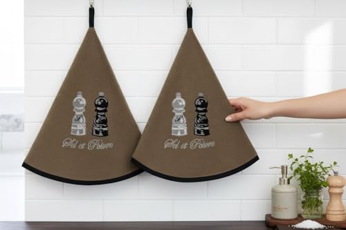 Lot de 2 Torchons Essuie Mains Sel et Poivre - Essuie Mains Cuisine Rond avec Attache - Motifs Brodés - 100% Coton - Ø 65 cm de diamètre - Lavable en...