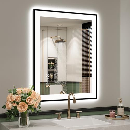 Image of 24x30 Inch LED Bathroom Mirror with Lights (Front Lit and Backlit) Black Framed Lighted Vanity Mirror for Bathroom Wall Dimmable Anti-Fog Memory Tempered Glass Horizontal /Vertical