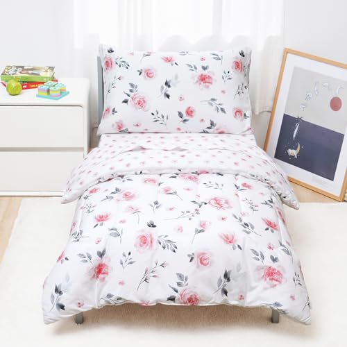 Image of david's kids 4 Piece Toddler Bedding Set - Soft Breathable Toddler Bedding Set for Girls, Includes Quilted Comforter, Flat Sheet, Fitted Sheet and Pillowcase, Pink Floral