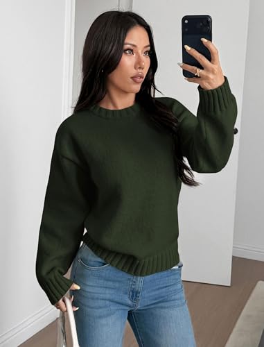 Image of ZAFUL Crew Neck Cozy Long Sleeves Casual Knit Pullover Sweater for Women | Classic Vintage American Style, Ribbed Collar and Cuff, Relaxed Fit, Cozy Chunky Knitwear Jumper
