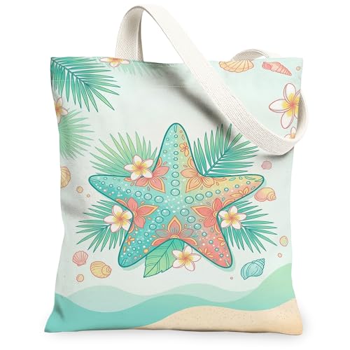 Bolsa de lona con diseño de estrella de mar para mujer, diseño de flores tropicales de verano, turquesa, lavable, reutilizable, con gráfico, Turquoise, 13x15 Inch