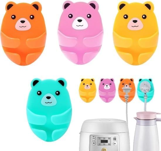 Image of 4 Pack Cute Bears wall Hooks Adhesive Cartoon Bear Plug Wire Holder Cable Organizer Strong Hanging Hooks Kitchen Gadgets Multipurpose Storage Hooks for Home and Office
