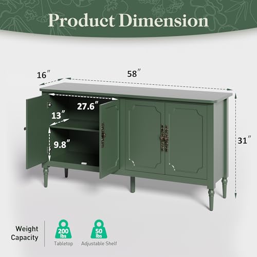 Image of FansaFurn 58 inch Large Sideboard Buffet Cabinet with 4 Doors, Modern Credenza Buffet Table for Coffee Bar, Storage Cabinet for Dining Room Living Room, Green