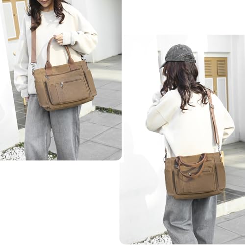 Sursee Canvas Tote Bags Large Capacity Shoulder Bags Multiple Pockets Totes with Long Strap for Easy Carry2