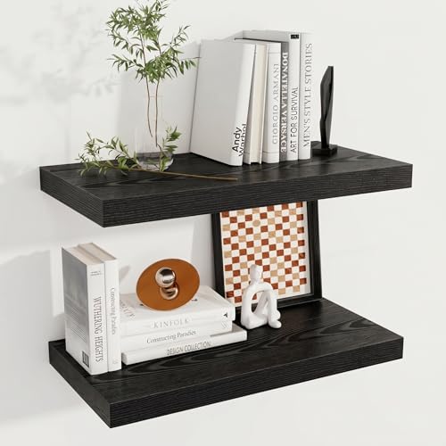 Image of Fun Memories 24 x 12 Inch Deep Floating Shelves, 12 Inch Deep Rustic Wooden Book Shelf, Extra Deeper & Thicker Hanging Shelves for Living Room, Bathroom, Bedroom, Kitchen, Office, Set of 2 (Black)