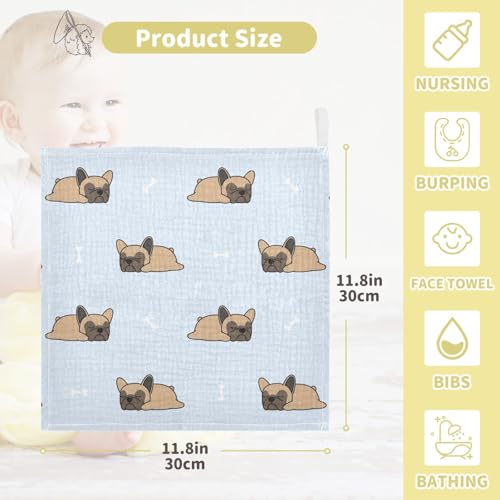 Image of vvfelixl Baby Muslin Washcloths Cute French Bulldog Sleeping Baby Burp Cloths Cotton Baby Face Towel for Newborn Infants Boys Girls Soft and Absorbent 11.8 X 11.8 in, 3 Pack
