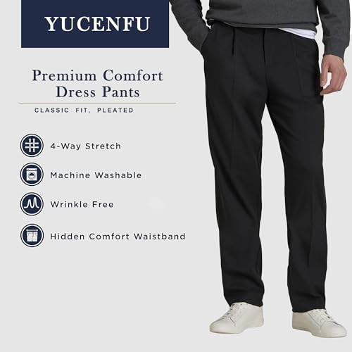 Men's No Iron Pleated Dress Pants Expandable Waist Regular Fit Premium Comfort Slacks4