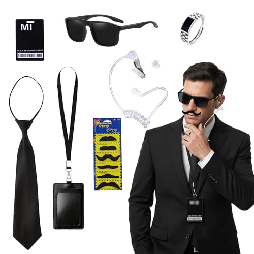 Secret Agent Costume Accessories & Spy Agent Set for Men & Women Black Sunglasses Earpiece Earplug ID Badge Tie Agent Ring & Mustache Sticker for Halloween Costume Parties & Cosplay Dress Up