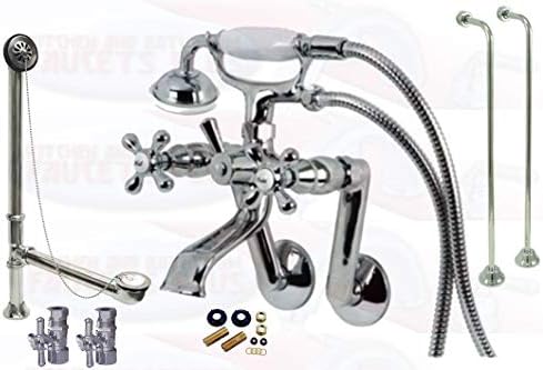 Chrome Tub Mount Clawfoot Bathtub Filler Faucet Kit W/Hand Shower, Drain, Water Supplies And Floor Stops - Fits 3-3/8" Tub Drilling