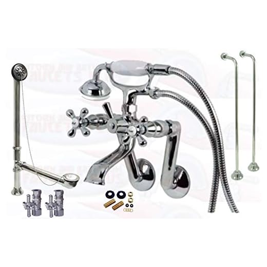 Chrome Tub Mount Clawfoot Bathtub Filler Faucet Kit W/Hand Shower, Drain, Water Supplies And Floor Stops - Fits 3-3/8" Tub Drilling