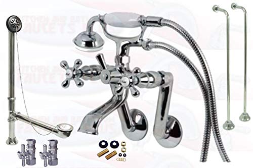Chrome Tub Mount Clawfoot Bathtub Filler Faucet Kit W/Hand Shower, Drain, Water Supplies