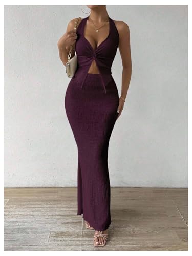 Image of SOLY HUX Women's Two Piece Outfits Twist Front Halter Cami Tops and Skirt Summer Set