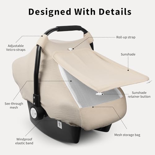 Image of Rquite Car Seat Cover Baby, Carseat Covers Girl Boy, Breathable Muslin Cotton, Large Mesh Window, Infant Car Seat Canopy Baby Carrier Cover Stroller Sun Shade for Summer & Hot Day, Beige