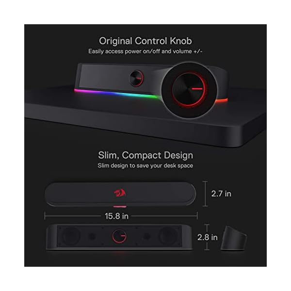 Redragon GS560 Adiemus RGB Desktop Soundbar, 2.0 Channel Computer Speaker with Dynamic Lighting Bar Audio-Light Sync/Display, Touch-Control Backlit with Volume Knob, USB Powered w/ 3.5mm Cable - Image 8