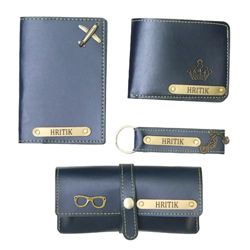 Image of Personalized Name & Charm Leather Wallet Mens Combo | Customized Birthday Farewell Retirement Combo Corporate Office Gift Set for Men Staff Employees Clients Colleagues Friend (Blue)