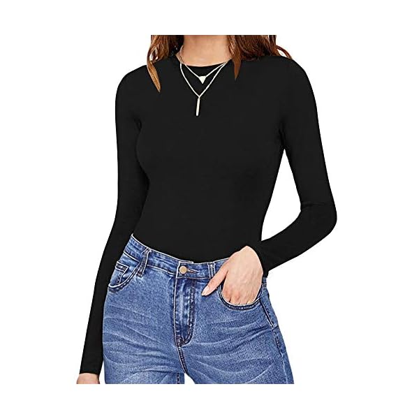MANGOPOP-Womens-Crew-Neck-Short-Sleeve-Long-Sleeve-T-Shirts-Bodysuit-Jumpsuit MANGOPOP Black Long Sleeve Bodysuit Crew Neck Basic T Shirts Body suit