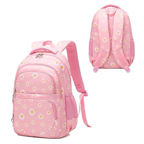ZHIERNA Daisy Printed Backpacks for Girls with Lunch Bag Pencil Case 3pcs Set, Lightweight Elementary Bookbags for Teen Girls（Pink）4