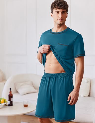 Image of Ekouaer Men's Pajamas Set Casual Short Sleeve Shirts and Shorts Soft 2 Piece Loungewear With Pockets