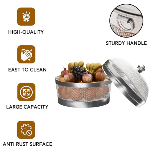 Image of Kuber Industries 10 Inch Stainless Steel Mesh Fruit Basket for Dining Table with Lid Net Cover | Strainer Vegetable Basket for Modular Kitchen | Keep Flies Bugs Mosquitoes Away | Silver