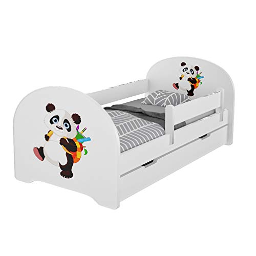 MEBLEX Lit pour enfants, avec tiroirs et matelas en mousse de sécurité, avec cadre de lit complet en MDF et tête de lit intégrée, blanc, (modèle Panda, 160 x 80 cm) Cover