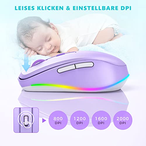 seenda Kabellose LED-Maus, Wiederaufladbar Mit Maus Jiggler, Leise 2.4G USB Funkmaus für Laptop, Computer - Beleuchtet, DPI 2000, für PC, Windows (Lila)