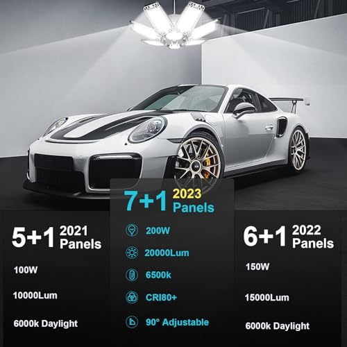 led garage light 2 pack - 200w 20000lm 6500k led garage ceiling lights with 71 adjustable panels shop lights screw in e26 e27 bulb socket for workshop storage room basement warehouse