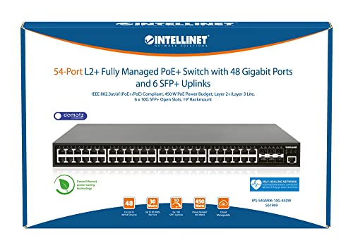 Image of Intellinet 54-Port L2+ Fully Managed PoE+ Gigabit Switch, 48x RJ45 10 /100 /1000, 6X 10G SFP+ Uplinks, 450W PoE Budget, PDM Watchdog, VLAN /QoS /SNMP /IGMP, Rackmount - 561969