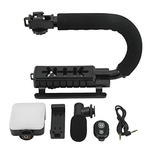 Video Action Manija Estabilizadora Soporte Estabilizador de Cámara Estabilizador de Cámara de Teléfono en Forma de U con Luz de Relleno LED Adaptador de Zapata Micrófono para Teléfono con Cámara
