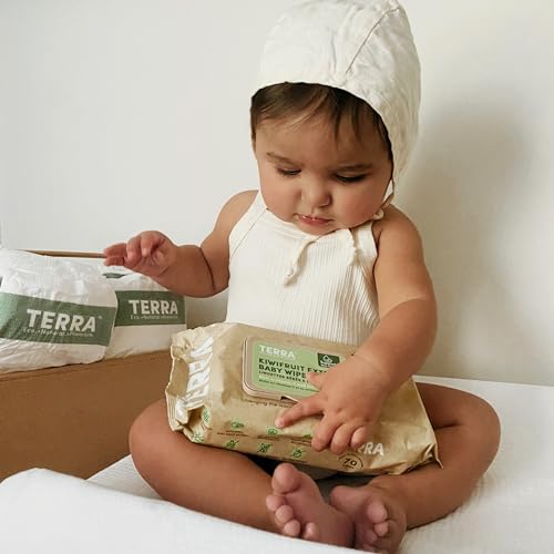 Image of Terra Bamboo Baby Wipes: Kiwifruit Extract, 99.5% Pure New Zealand Water, 100% Biodegradable Bamboo Fiber, 0% Plastic, Unscented Baby Wipes for Sensitive Skin, 12 Pack of 70 Wipes