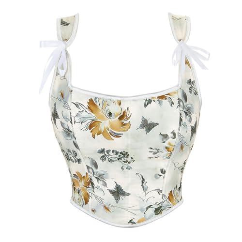 Women Vintage Floral Vest Ren Faire Corset Top Tie Strap Lace Up Back Bustier Tank Top Tight Fit Cropped Vest Dark Green