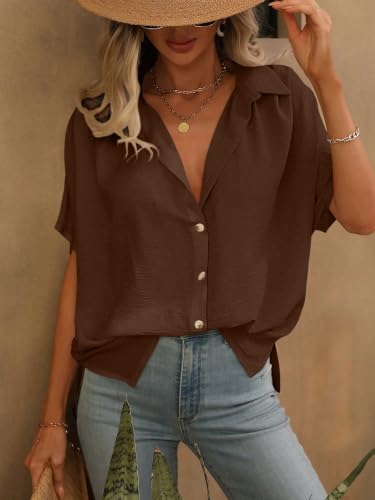 Image of GRECIILOOKS Oversized Shirt for Women | Shirt Top for Woman |Women's Color Block Button Down Blouse - Casual Loose Fit Short Sleeve Summer Shirt's Work, Vacation & Everyday Wear
