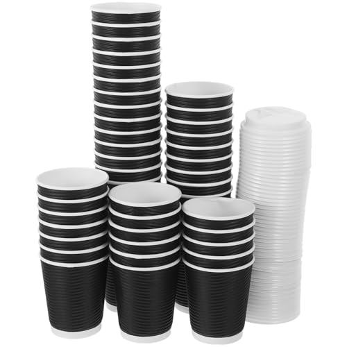 GAROZATION 50個波紋断熱紙コーヒーカップ 蓋付き使い捨てカップ エスプレッソ対応 軽量滑り止め設計 テイクアウトやオフィス ホーム カフェ パ