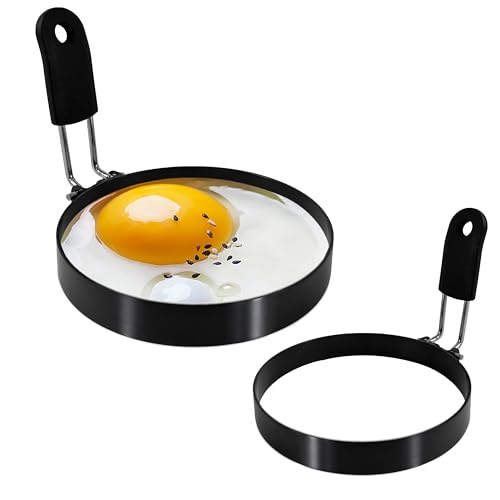 LXLOVESM 2-Pack 3.5'' Egg Rings Set with Silicone Handle, Stainless Steel Egg Cooking Rings,Nonstick，For Frying Eggs and English Muffins Pancake, Egg Mold Shaper For Breakfast