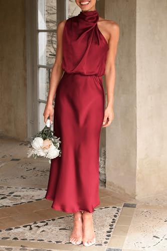 Image of PRETTYGARDEN Women's 2026 Summer Satin Dress Elegant Sleeveless Mock Neck Cocktail Party Maxi Dresses