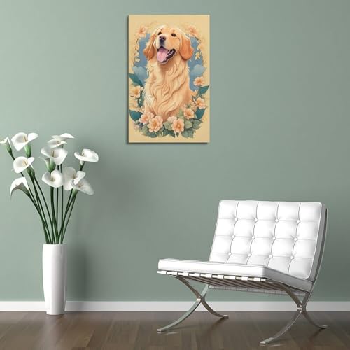 Impression sur toile golden retriever fleurs QXYUIN cadre 30x45